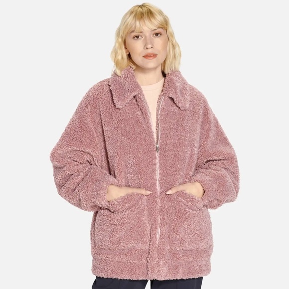 UGG Kaley Teddy Bear Coat Plush Fuzzy Cozy Jacket - Ariana Grande Pink Blush Sm - Picture 7 of 13